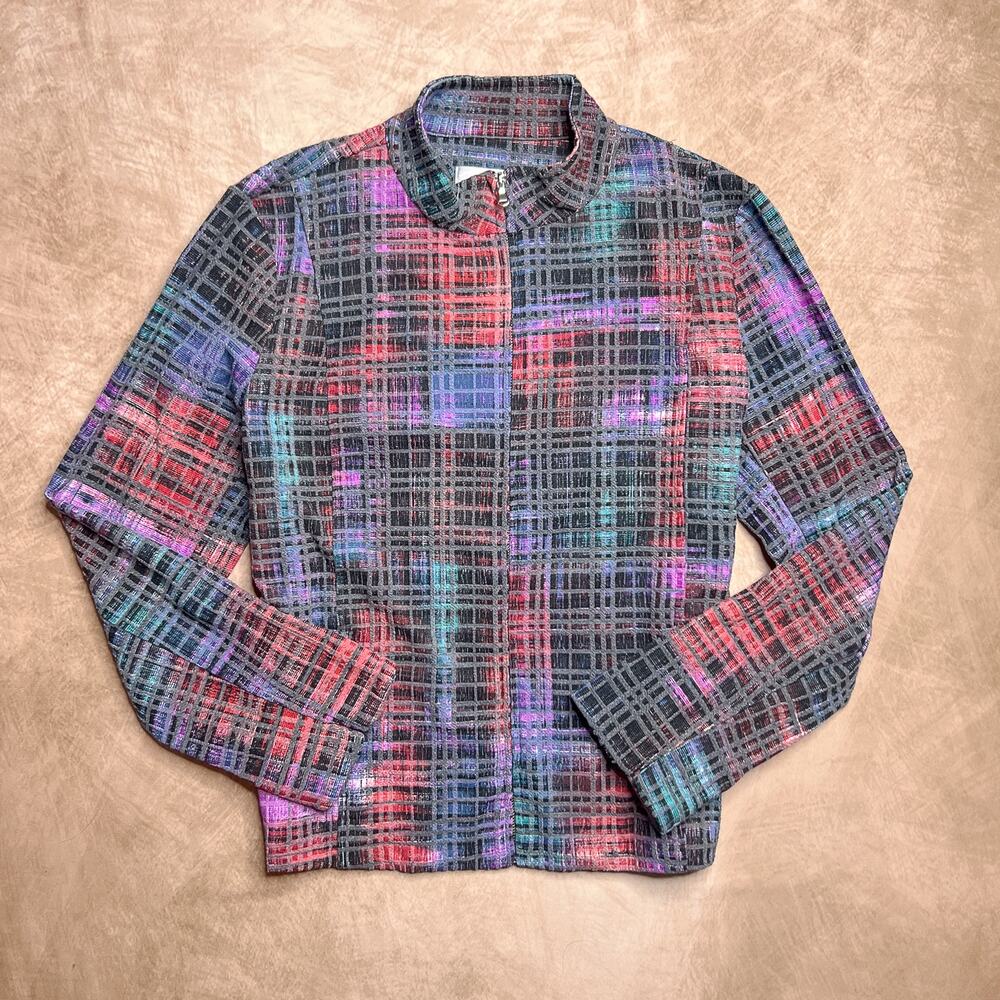 Vintage Y2K Multicolor Textured Plaid Jacket Zip Up Cybercore Streetwear Indie